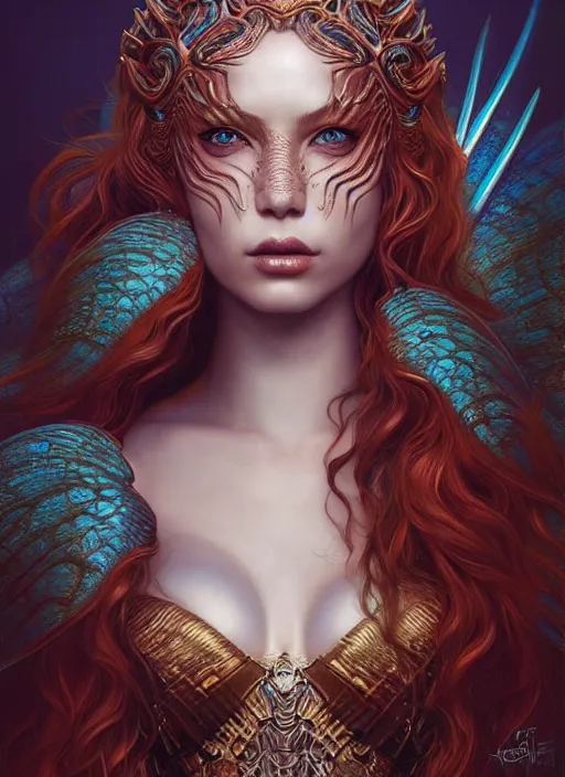 Image similar to portrait of mermaid warrior, intricate, sharp focus, octane render, detailed, beautiful, unreal engine, symmetrical!!, loreal, maybelline, sephora, loreal, artstation, art by karol bak, art by artgerm, rossdraws, makeup by pat mcgrath, cinematic, concept art, filmic, vsco