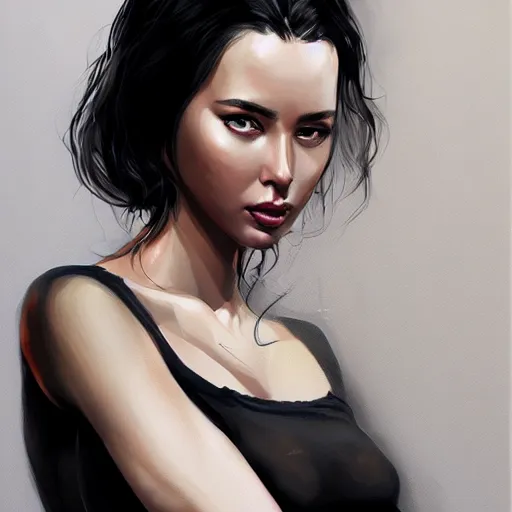 Image similar to portrait of a beautiful woman, black hair, attractive, casual, modern, highly detailed, digital painting, artstation, concept art, smooth, sharp focus, illustration, art by thomas saliot