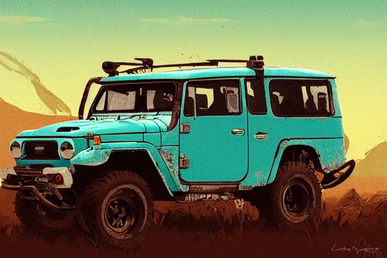 Image similar to digital illustration of a faded cyan mad max's fj 4 0 decrepit!!!! pursuit special, rusty!!! nissan fj cruiser heavily modded 1 9 9 0 s, the last v 8 interceptor by makoto shinkai, ilya kuvshinov, lois van baarle, rossdraws, basquiat