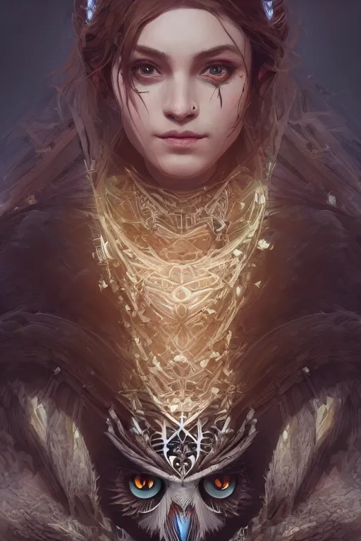 Prompt: symmetry!! portrait of woman with owl features in the style of horizon zero dawn, machine face, intricate, elegant, highly detailed, digital painting, artstation, concept art, smooth, sharp focus, illustration, art by artgerm and greg rutkowski and alphonse mucha, 8 k