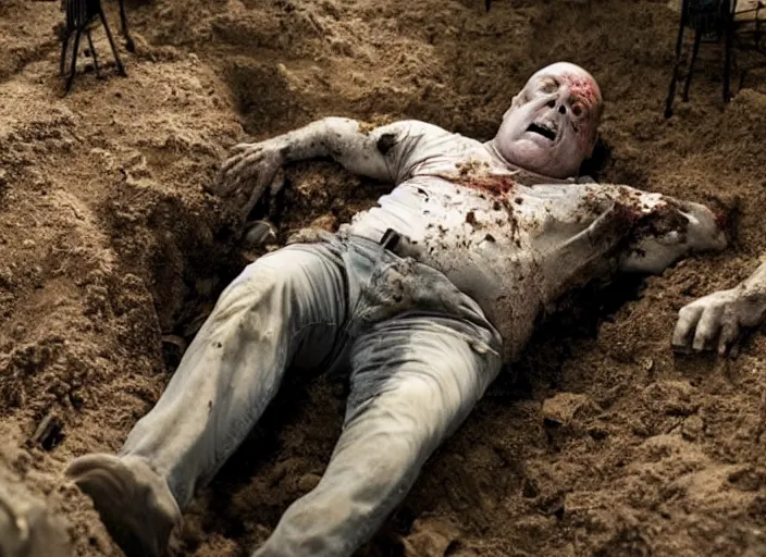 Prompt: zombie hank schrader emerging from a grave, movie still