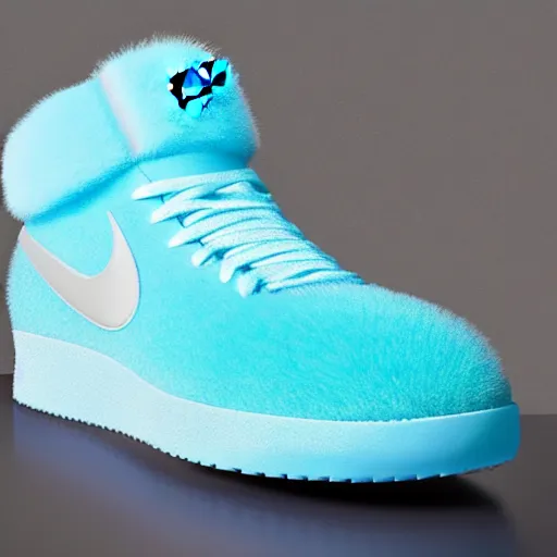 Prompt: nike shoe made of very fluffy cyan faux fur placed on reflective surface, professional advertising, overhead lighting, heavy detail, realistic by nate vanhook, mark miner