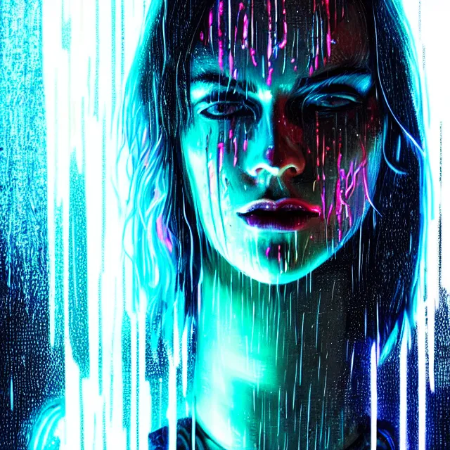 Image similar to bright asthetic portrait LSD glowing backlit rain on face and wet hair, cyberpunk, overhead lighting, fantasy, intricate, elegant, dramatic lighting, highly detailed, lifelike, photorealistic, digital painting, artstation, illustration, concept art, smooth, sharp focus, art by John Collier and Albert Aublet and Krenz Cushart and Artem Demura and Alphonse Mucha