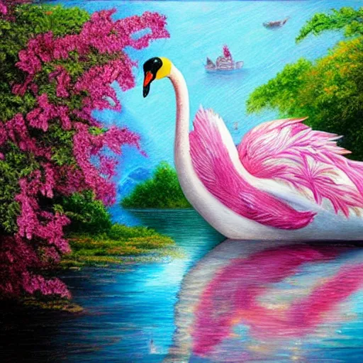 Image similar to Fantasy Swan Boat adorned in Diamonds and Flowers DayDream Painting