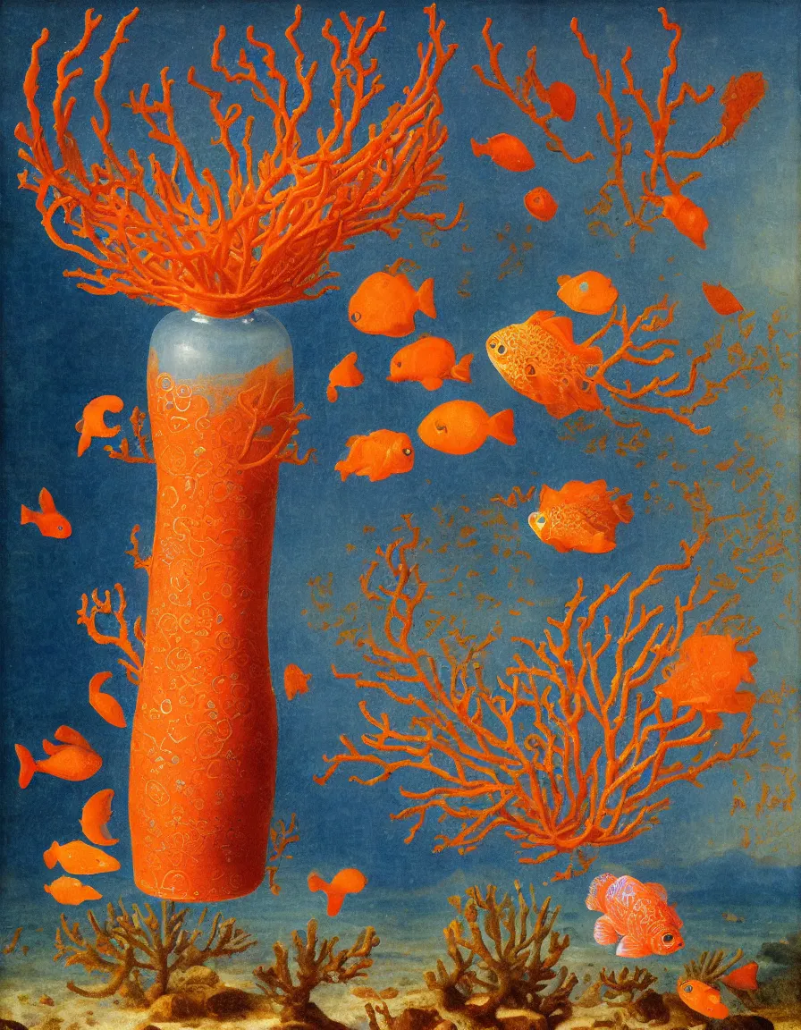 Image similar to bottle vase of coral under the sea and in the sky decorated with a dense field of stylized scrolls that have opaque outlines enclosing mottled blue washes, with orange shells and purple fishes, ambrosius benson, oil on canvas, hyperrealism, around the edges there are no objects