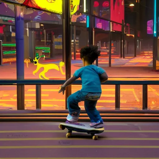 Image similar to (Bart Simpson) skateboarding at a playground in Night City Cyberpunk 2077, muted cyberpunk style, tranquil, desolate, atmospheric, hazy, sweltering, autochrome, 8k, reflections, octane render, unreal engine 5