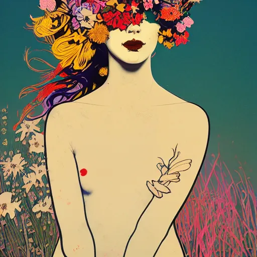 Prompt: a beautiful painting of a girl in a field of flowers with a helmet by andy warhol and conrad roset and alphonse mucha and nekro. in style of digital art. colorful comic, film noirs, symmetry, sharp lines, hyper detailed. octane render. trending on artstation