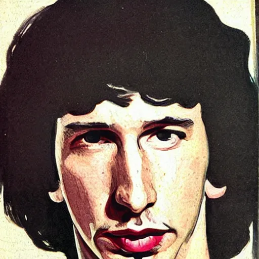 Prompt: “Adam Driver portrait, color vintage magazine illustration 1950”