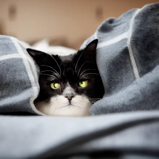 Image similar to a sadcat laying under a blanket, canon eos r 3, f / 1. 4, iso 2 0 0, 1 / 1 6 0 s, 8 k, raw, unedited, symmetrical balance, in - frame