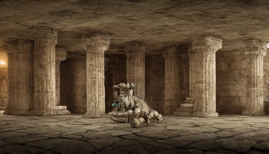 Prompt: Ancient Greek underground temple with a statue of a minotaur in the center of the room, hyperdetailed, artstation, cgsociety, 8k