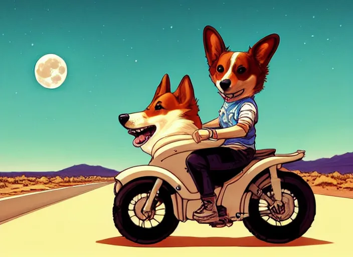 Image similar to a cell shaded cartoon corgi riding a motorcycle, with a big head, on a desert road, wide shot, in front of a big moon, muted colors, post grunge, josan gonzales, wlop, by james jean, victor ngai, hq, deviantart, art by artgerm