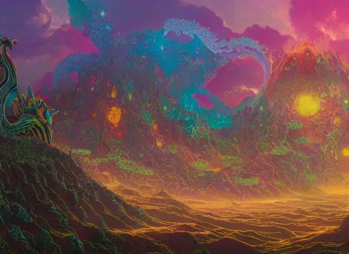 Image similar to psychedelic concept art of a dragon landscape made of thousands of dragons, cel shaded, in the style of makoto shinkai and moebius and peter mohrbacher and anton fadeev