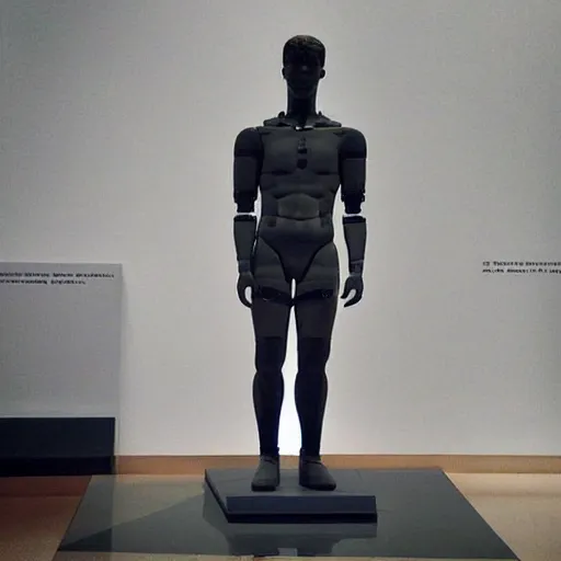 Image similar to “ a realistic detailed photo of a guy who is an attractive humanoid who is half robot and half humanoid, who is a male android, actor liam hemsworth, shiny skin, posing like a statue, blank stare, at the museum, on display ”