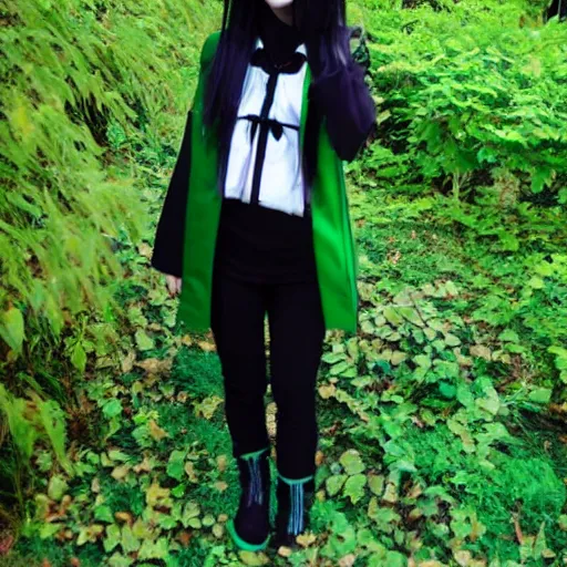 Image similar to a girl dressed in a black and green outfit in the style of Kishimoto Masashi