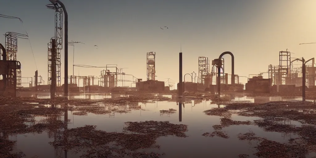 Image similar to an abandoned industrial zone flooded, metal towers emerging from clear pond waters, reeds, concept art, octane render, unreal engine 4, trending on artstation, high quality, highly detailed, 8 k hdr, red sea, blue sand, high coherence, path traced, serene landscape, breathtaking landscape, cinematic lighting, hyperrealistic, golden hour