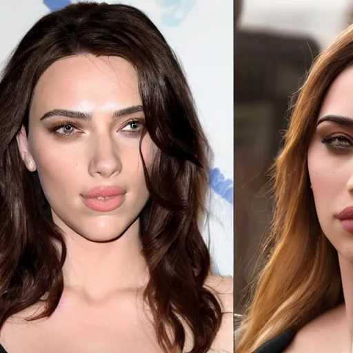 Image similar to a woman who is a genetic combination of kim kardashian and kat dennings and scarlett johansson and margot robbie and emma watson, face and upper - body focus, detailed eyes