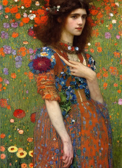 Image similar to a beautiful woman in a colorful dress surrounded by colorful patterns and flowers by john william waterhouse and gustave klimt and and edgar maxence and michael whelan, artistic, intricate realistic fantasy, extremely detailed and beautiful face, 8 k resolution, dramatic lighting