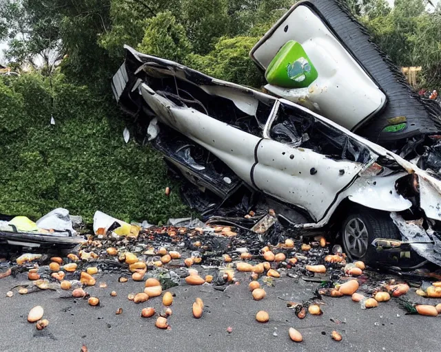 Image similar to photo of an avocado truck accident that overturned and spilled tons of avocados on the floor that people are picking up