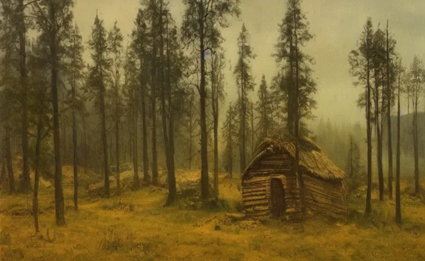 Image similar to Hagrid's hut landscape, early evening, mist, matte painting, dark forest, by Isaac Levitan and Vasily Perov