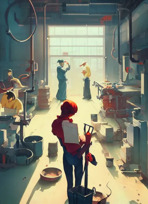 Prompt: depressed workers working in a factory, in the style of artgerm, gerald brom, atey ghailan and mike mignola, vibrant colors and hard shadows and strong rim light, plain background, comic cover art, trending on artstation