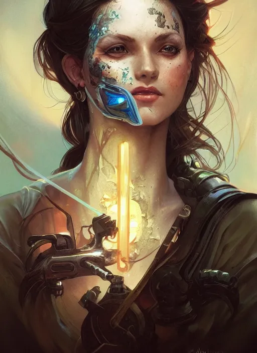 Prompt: a woman with a buggy television head, headshot, painted fantasy character portrait, D&D, highly detailed, digital painting, artstation, sharp focus, art by artgerm and greg rutkowski and alphonse mucha and magali villeneuve