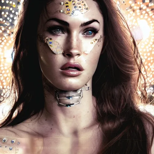 Image similar to beautiful Fine art photo portrait of enraptured young Megan Fox as a solarpunk robotic goddess, white mechanical parts with led lights, photorealistic, white background, highly detailed and intricate, sunset lighting, 8k