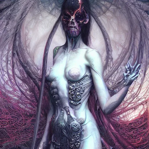 Image similar to hyper detailed masterpiece, underworld angel jean giraud digital art painting darkwave goth aesthetic, creepy, psychedelic, artgerm, donato giancola, tom bagshaw