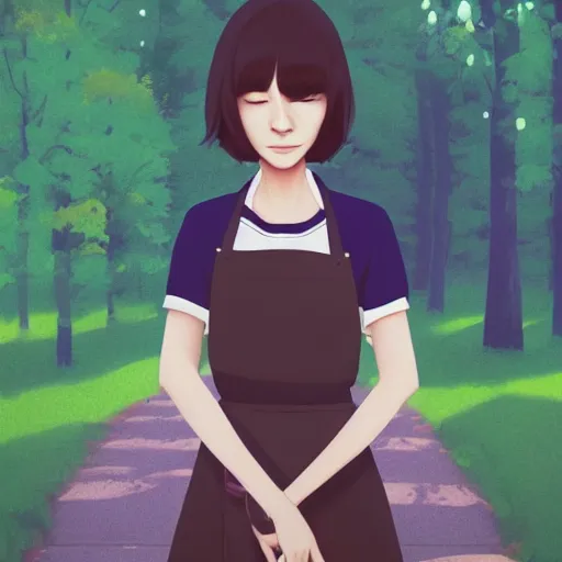 Image similar to a beautiful full body portrait of a young woman wearing an apron standing in a park, kantoku, james gilleard, lois van baarle, ilya kuvshinov, rossdraws, very detailed, matte, gaussian blur, tone mapped