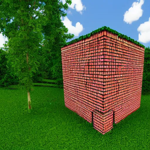 Prompt: cubic building made of bricks, overgrown with vegetation, one-point perspective, 4k, 8k