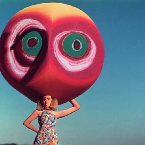 Prompt: woman with an inflatable head and giant eyeballs, in the desert 1972 Jodorowsky film, archival footage, technicolor film expired film live-action, 16mm