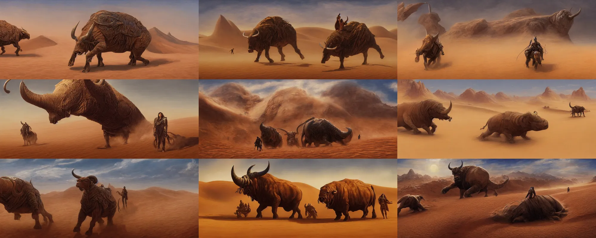 Prompt: detailed painting of dune movie, desert landscape, huge bull emerging from the sand, trending on artstation, by ted nasmith