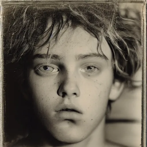 Prompt: close-up of a teenager drawing in his teen room, Joel-Peter Witkin