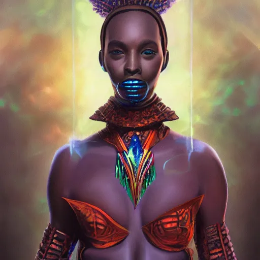 Image similar to afrofuturistic techno - mage uploading ancestral knowledge to the uni - mind interface, dark fantasy, occult, hyperrealistic, high - quality, surrealist painting, artstation