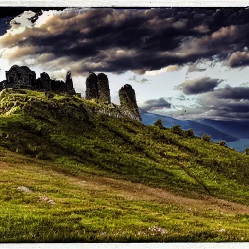 Prompt: Vast verdant empty flat valley surrounded by Transylvanian mountains. A huge zeppelin in the sky among dark clouds. A ruined medieval castle on the hillside in the background. No villages or buildings. Late evening light in the summer, gloomy weather. Hyperrealistic, high quality, sharp, highly detailed, petru bejan.