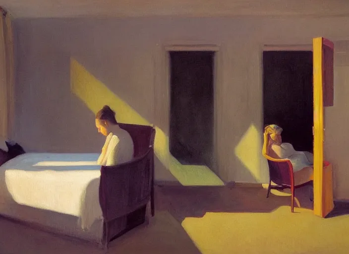 Image similar to two people in a hotel room in afternoon light, oil painting by edward hopper