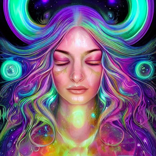 Image similar to a portrait of kim petras with her eyes closed, galaxy colored psychedelic chakra awakening kundalini ethereal vibes, transcending to a higher plane of existence, eternal blessing, multiverse, by android jones, by ben ridgeway, visionary art, by artgerm, featured on artstation, cgsociety, by greg rutkowski