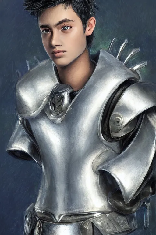 Prompt: a male teenager wearing a silver plate armor, short black hair, artgem style, fancy lighting, complementary colours, face portrait, harmonious, soft colors, digital painting, masterpiece, realistic and detailed face, color painting, realistic, highly detailed, high quality, portait picture, anatomically correct, pixar and disney style, anime style