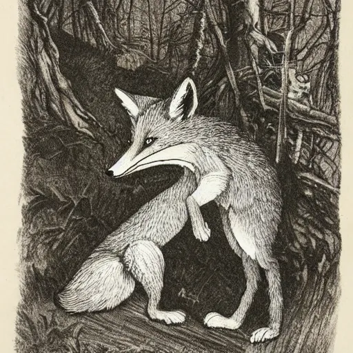 Image similar to candid portrait of clever fox in the forest, night sky, highly detailed, side view, illustrated by peggy fortnum and beatrix potter and sir john tenniel