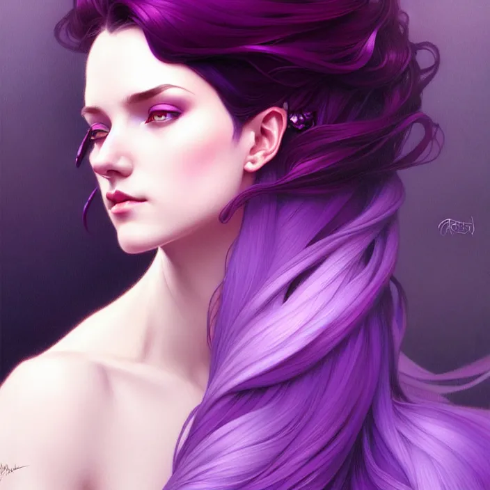 Image similar to Purple hair, creative colouring Portrait of woman, fashion, intricate, elegant, highly detailed, digital painting, artstation, concept art, smooth, sharp focus, illustration, art by artgerm and greg rutkowski and alphonse mucha