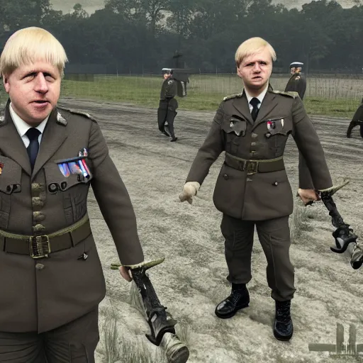 Prompt: Boris Johnson with Waffen SS officers body, realistic artstyle, wide shot, dramatic lighting, octane render, hyperrealistic, high quality, highly detailed, HD, beautiful, cinematic, 8k, unreal engine, facial accuracy, symmetrical