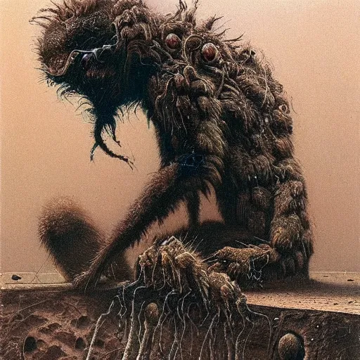 Image similar to tarantula morphed with hyena in sewer, long skinny legs and large fangs, sitting on web, highly detailed beksinski painting