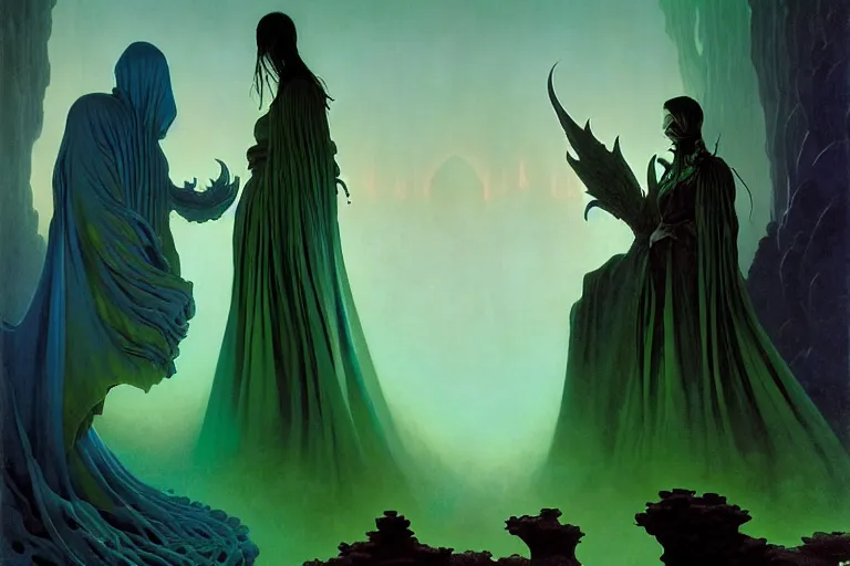 Prompt: the female arcanist and the male artificer by zacharias aagaard and albert bierstadt and gerald brom and zdzisław beksinski and james gilleard and wayne barlowe and marc simonetti, beautiful, magical robes, highly detailed, hyperrealistic, intricate, energy, electricity, blue flame, low light, green crystal, high contrast, submission
