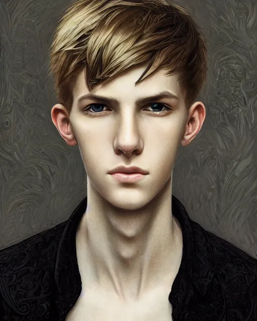 Image similar to portrait of 1 5 - year - old boy, a tall, slender boy with a pale, pointed face, sleek blond hair, and ice grey eyes, wearing black clothes, hyper realistic face, beautiful eyes, close up, fantasy art, in the style of greg rutkowski, intricate, alphonse mucha, hyper detailed, smooth