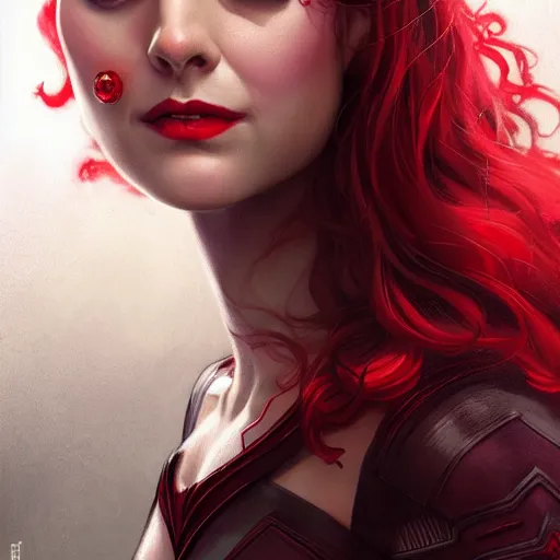 Prompt: Scarlet witch marvel, Sarah Michelle Gellar, evil smile, realistic character concept, medium shot, fun pose, comic book, illustration, slender symmetrical face and body, cinematic lighting, hyperdetailed, high resolution, Charlie Bowater, Tom Bagshaw, Norman Rockwell, symmetrical eyes, single face, insanely detailed and intricate, beautiful