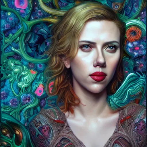 Image similar to portrait of scarlett johansson, hyper detailed masterpiece, neon floral pattern, jean giraud, digital art painting, darkwave goth aesthetic, psychedelic, artgerm, donato giancola and tom bagshaw