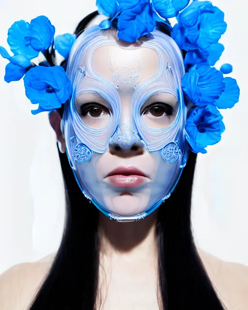 Prompt: symmetrical close - up portrait of a woman wearing a translucent silicone beauty mask and blue hair, wearing a black bodysuit by alexander mcqueen, standing in a room full of plastic translucent flowers, black background, soft diffused light, biotechnology, humanoide robot, bjork aesthetic, translucent, intricate details, highly detailed, masterpiece,