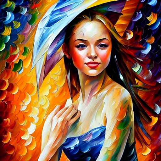 Image similar to highly detailed painting of a beautiful young woman, dancing in the rain, intricate, high quality oil painting artstyle, in the style of leonid afremov and anna dittmann, deviantart, figurative art, deviantart, ilya kuvshinov, lovecraftian, very detailed face, portrait