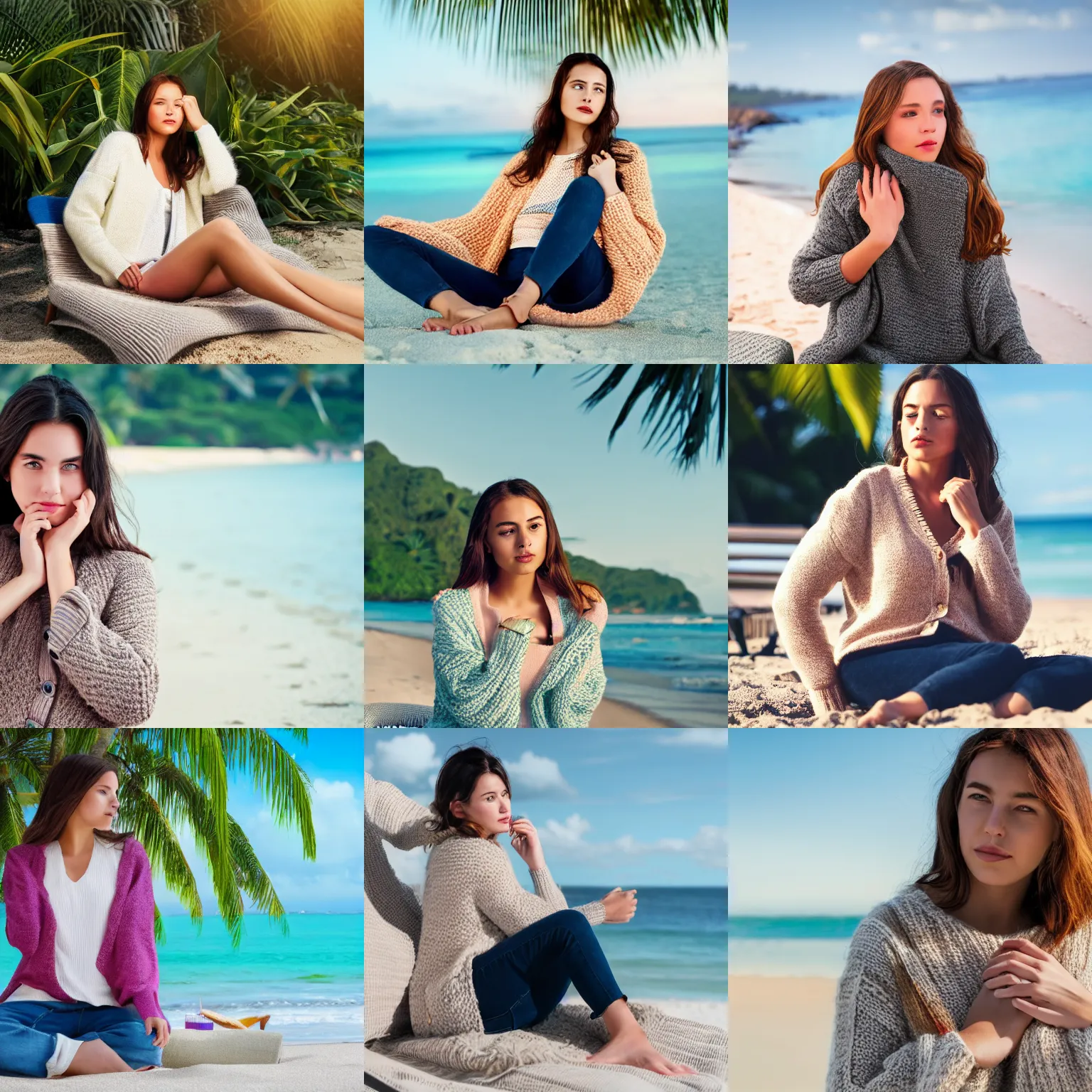 Prompt: a famous young woman wearing a thick knit sweater and cardigan, she is shivering cold with her arms crossed across her chest, in a lounge chair on a tropical beach in summer, photorealistic, trending photo, 4k, 8k