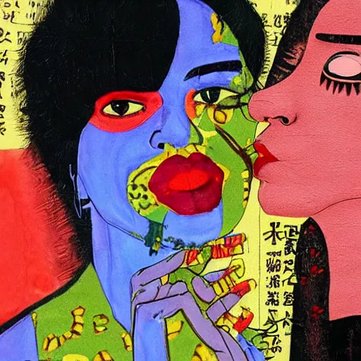 Image similar to beautiful painting of two bizarre psychedelic women kissing each other closeup in tokyo in autumn, speculative evolution, mixed media collage by basquiat and junji ito, magazine collage art, paper collage art, sapphic art, lesbian art