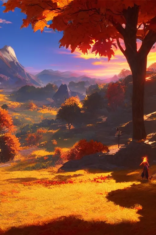 Prompt: fiery autumn twilight with the sun very close to the edge of the mountain, open - world aaa game, isekai fantasy light novel, screenshot